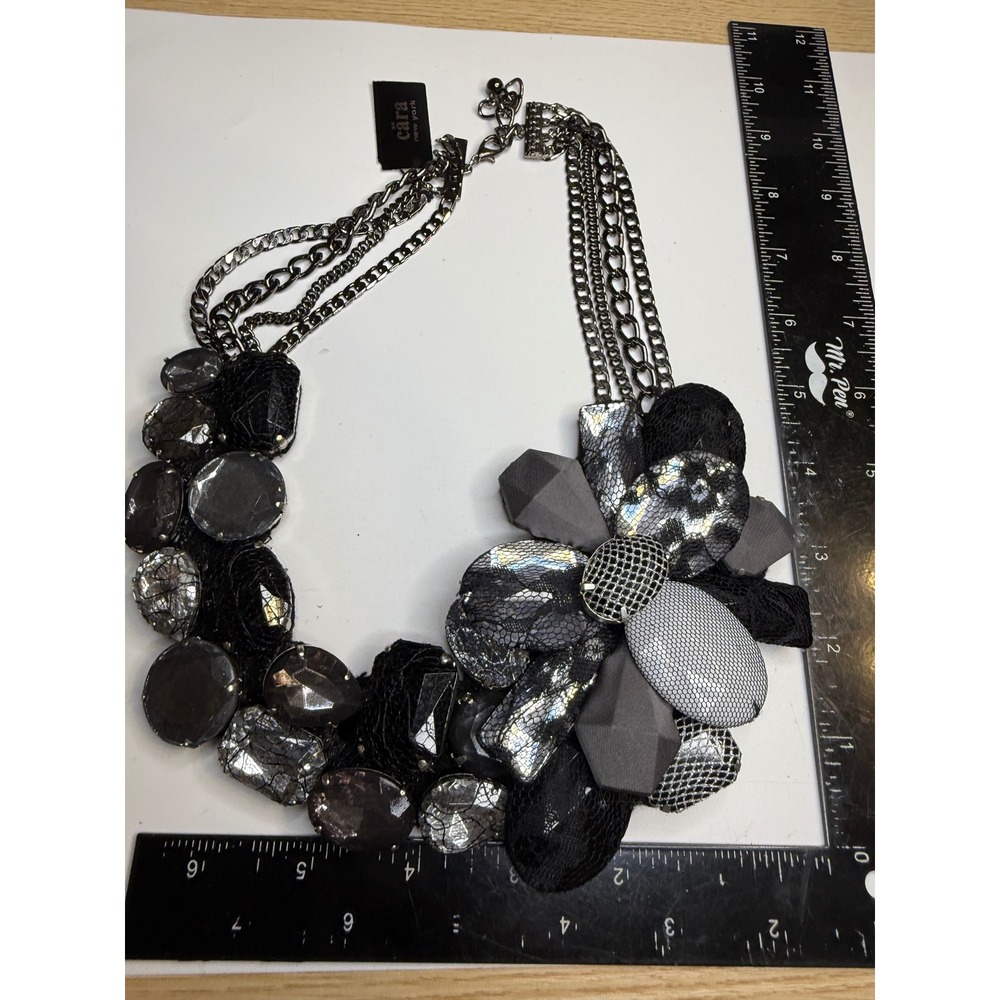Cara New York Gunmetal Statement Necklace Mixed Media Lace Stone Floral Bib